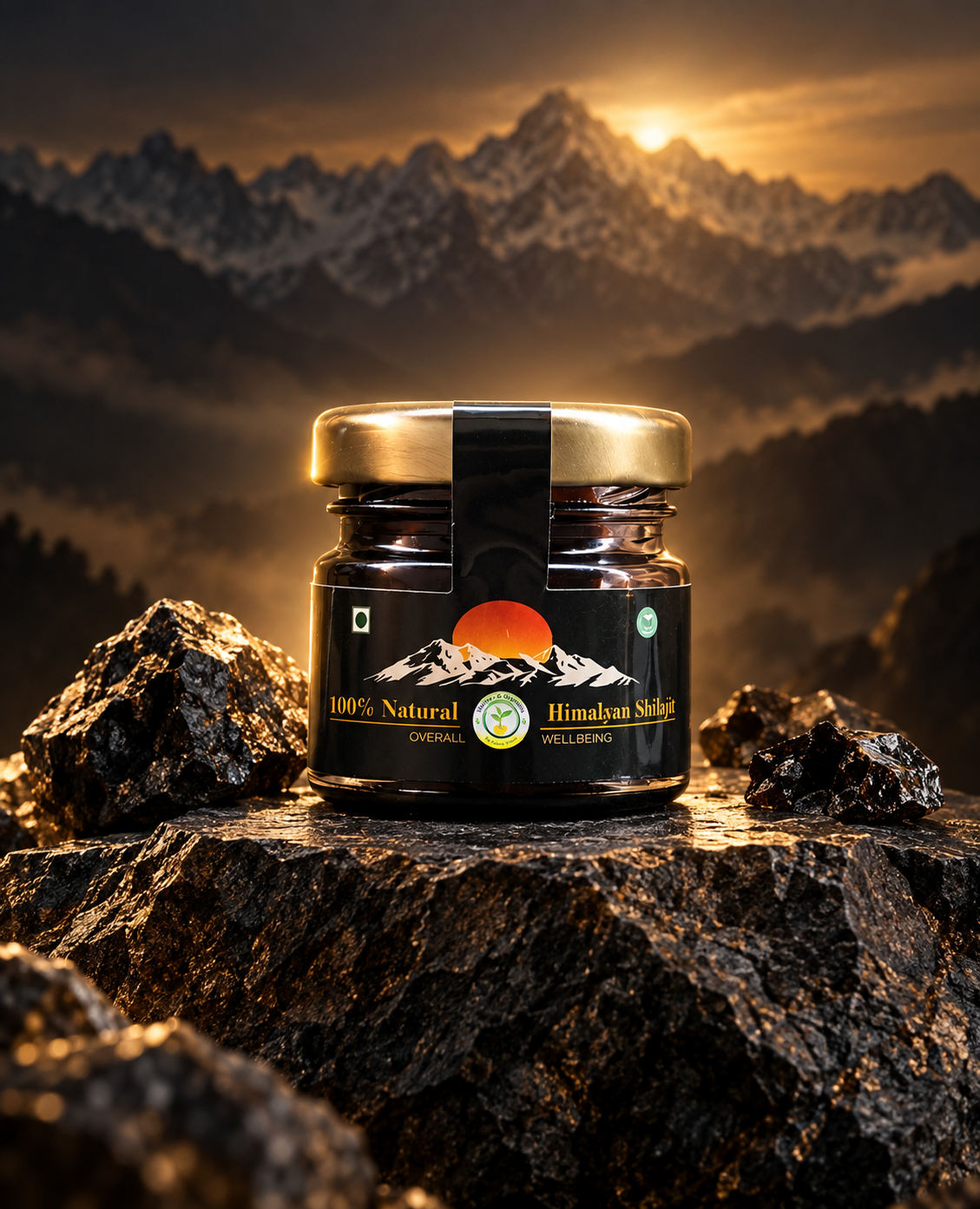 Shilajit Gold Resin jar with Himalayan mountain backdrop