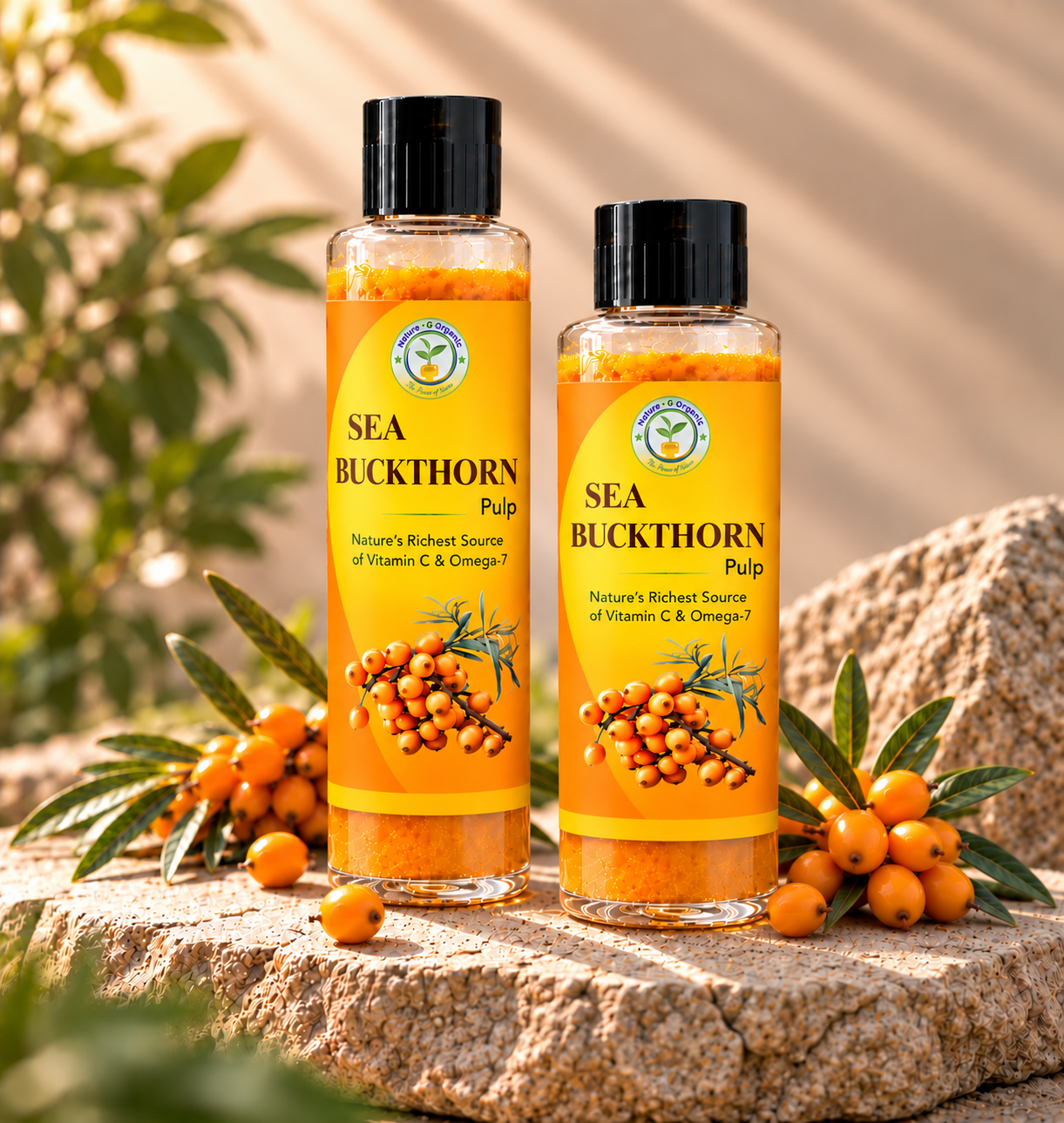 Sea Buckthorn Pulp bottle with fresh orange berries
